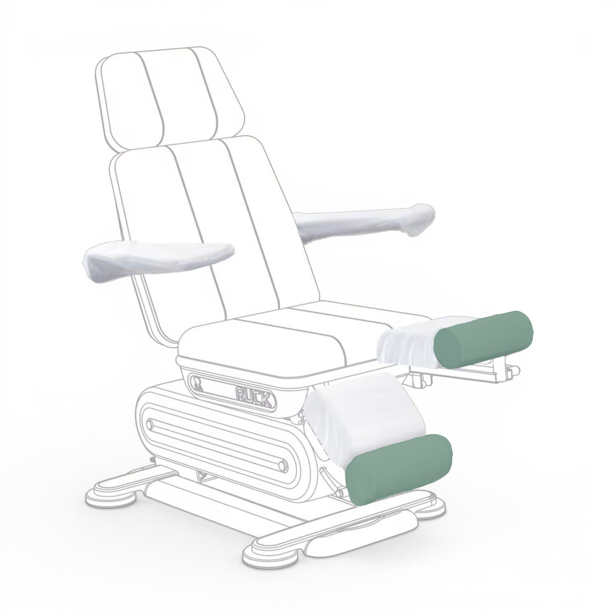 White recliner chair with green armrests on a white background RUCK Protective Disposable Cover for Heel Rolls