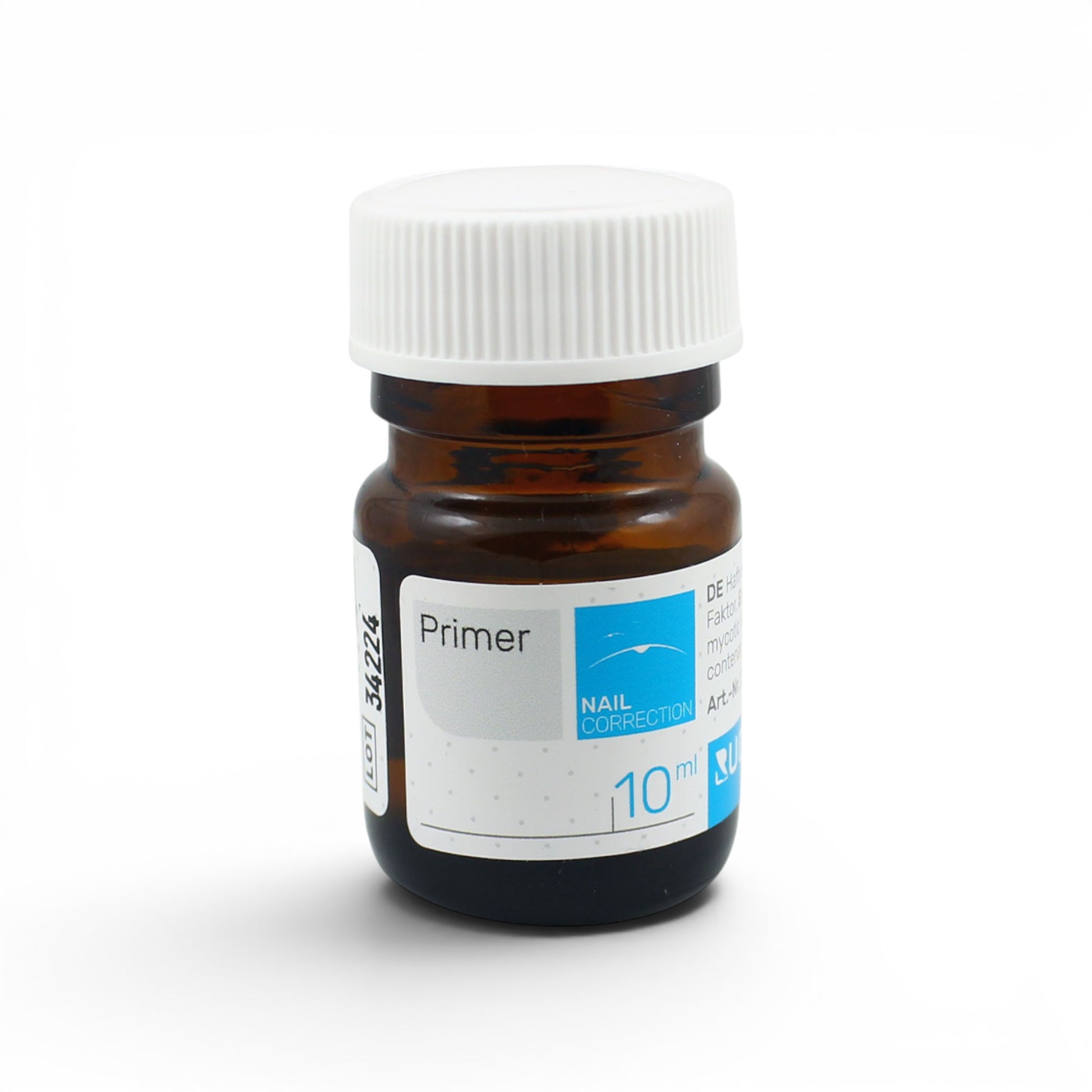 A small amber glass bottle RUCK UV Gel Primer with a white ribbed cap and a white label reading 'Primer' and 'NAIL CORRECTION 10 ml', photographed on a clean white background.
