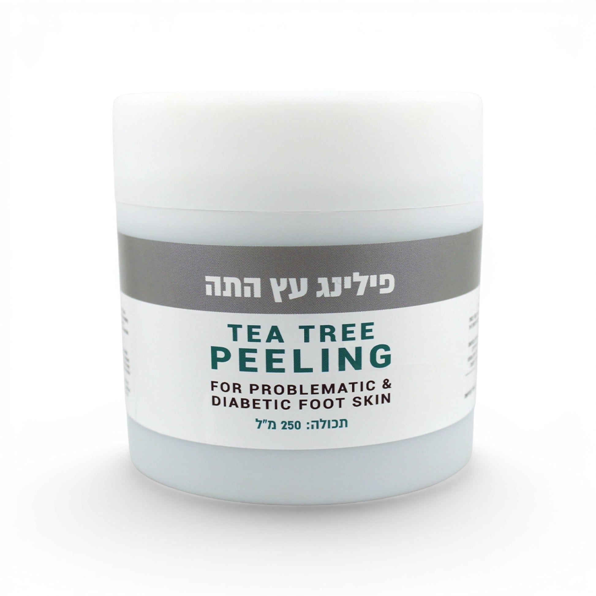 Jar of tea tree peeling product on a white background