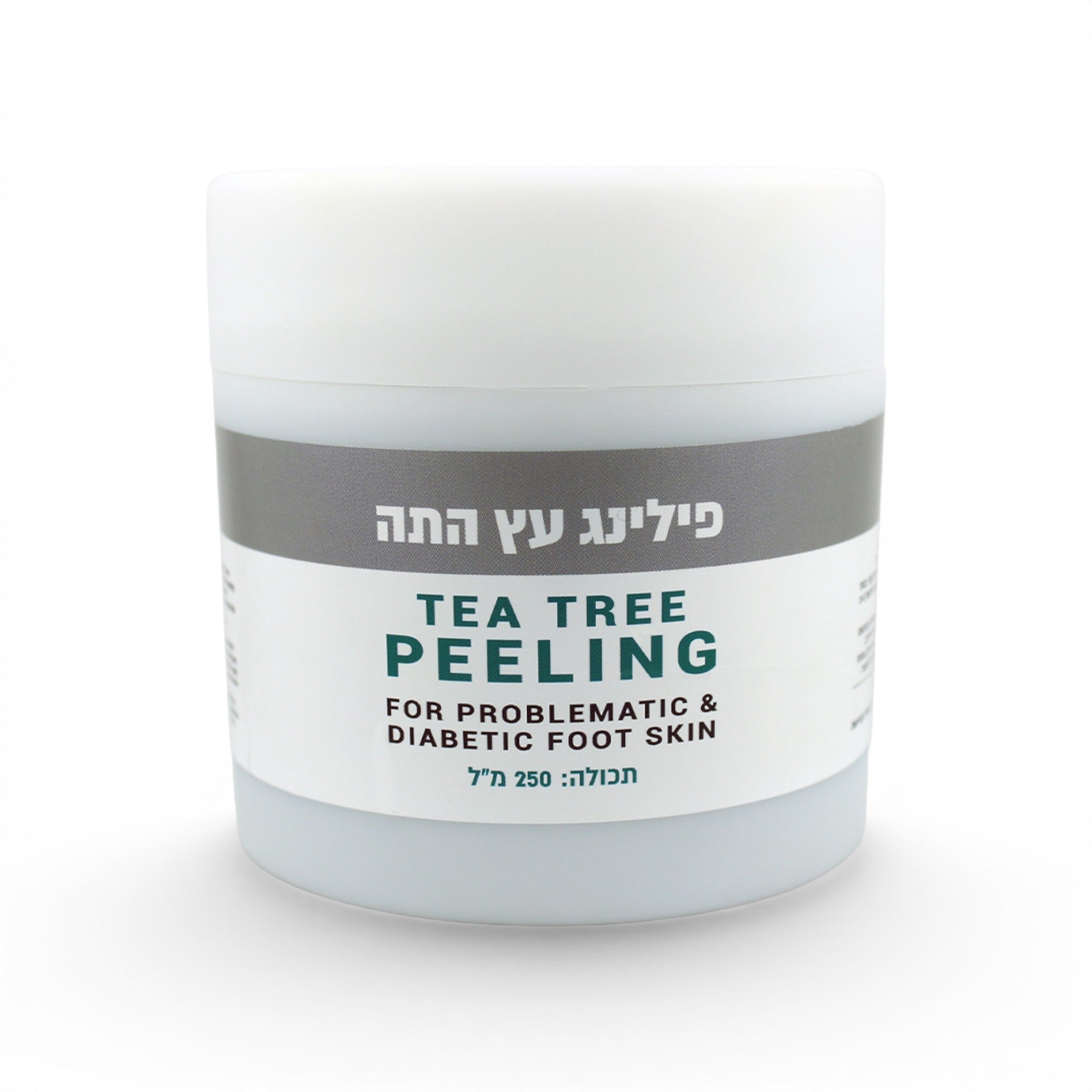 Jar of tea tree peeling product on a white background