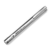 A sleek, metallic silver pen-style flashlight with a clip, shown diagonally on a clean white background. The brand name 'RUCK' is printed on the side along with regulatory markings. RUCK BLUE LIGHT Professional LED Lamp