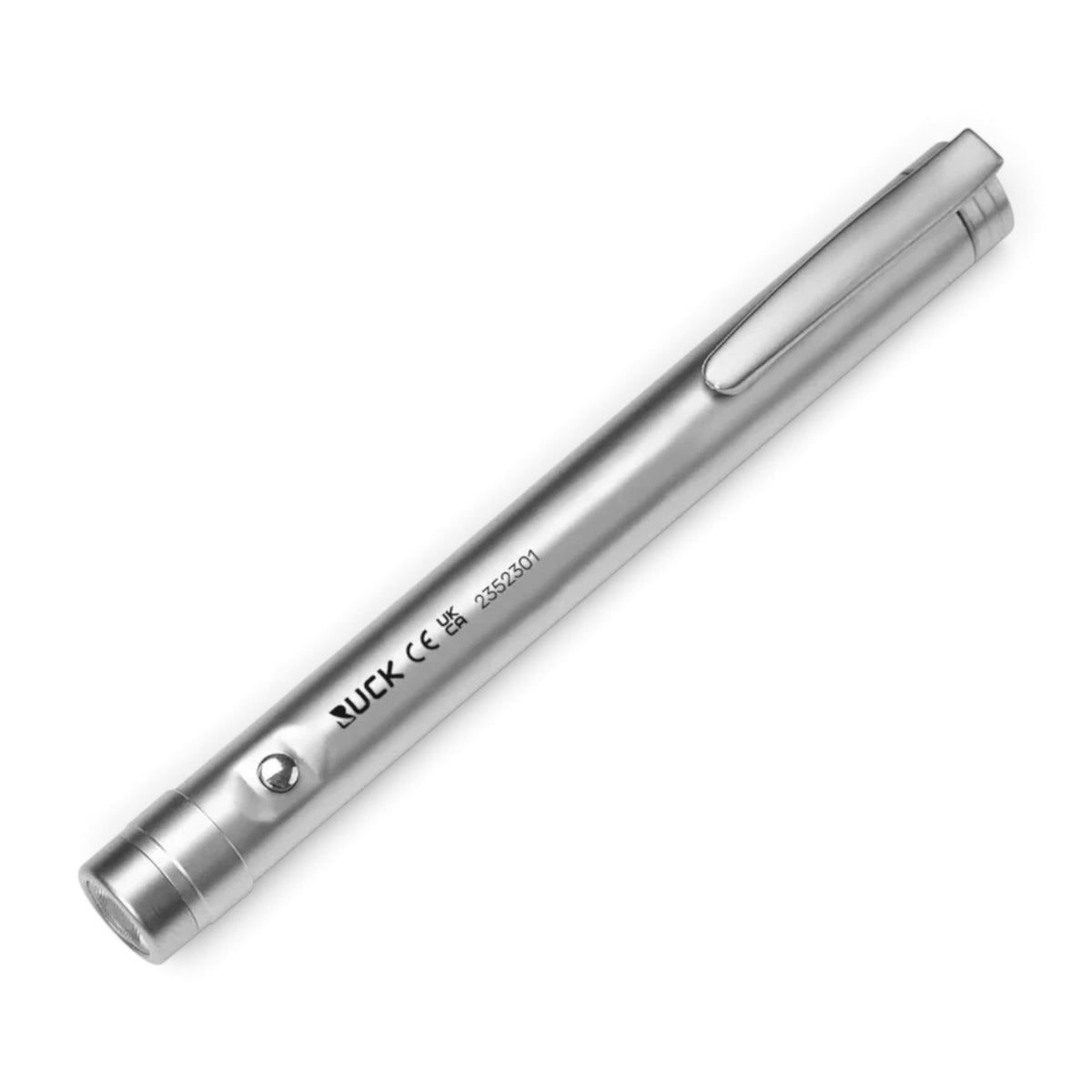 A sleek, metallic silver pen-style flashlight with a clip, shown diagonally on a clean white background. The brand name 'RUCK' is printed on the side along with regulatory markings. RUCK BLUE LIGHT Professional LED Lamp
