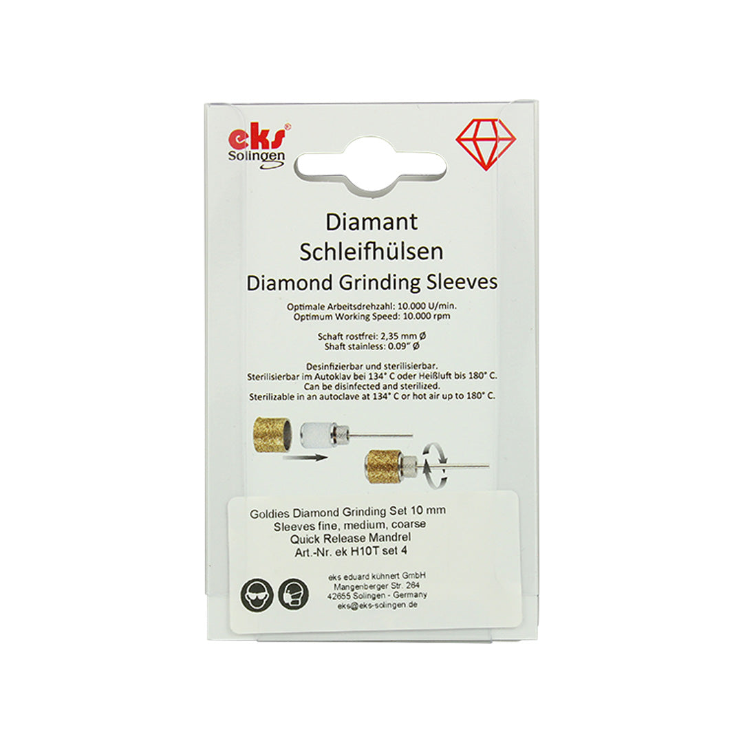 EKS Solingen 10 mm TiN-Coated Diamond Sanding Sleeves, 3 Grits plus Mandrel