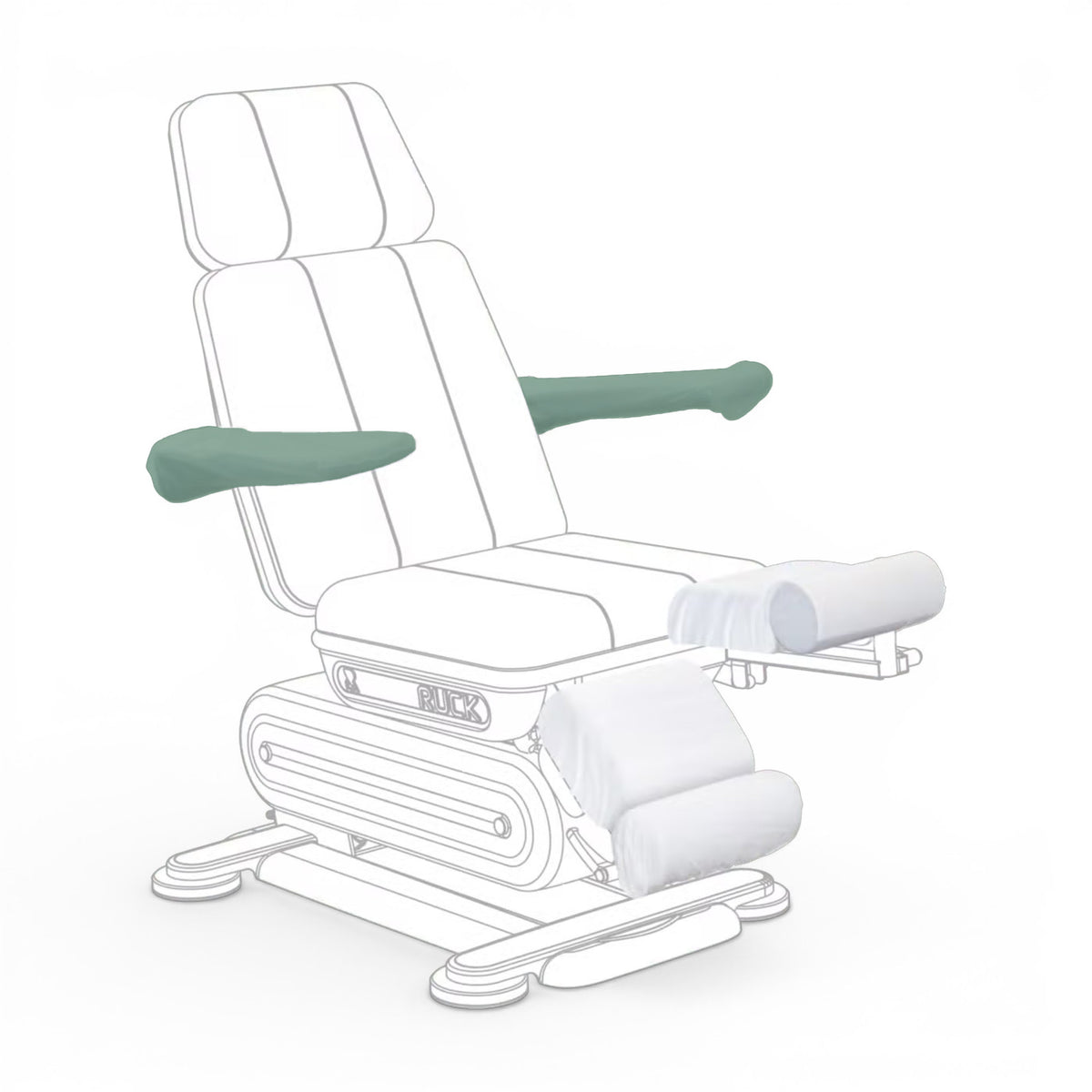 White recliner chair with green armrests on a white background RUCK® Protective Disposable Cover for Armrests