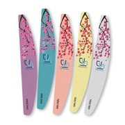 Set of five nail files with cherry blossom design and brand logo on a white background