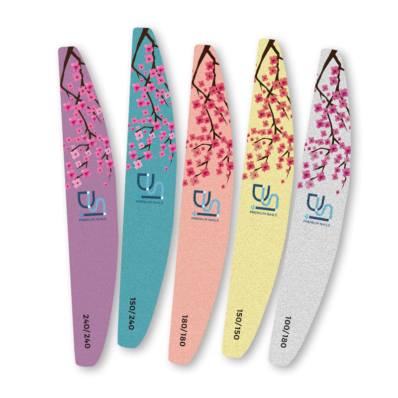 Set of five nail files with cherry blossom design and brand logo on a white background