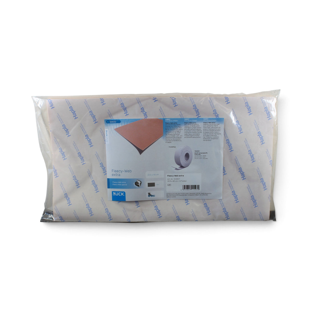 A packaged roll of RUCK Basic Fleecy-Web Extra Adhesive Foot Padding 2mm, sealed in clear plastic with a blue and white product label on the front.