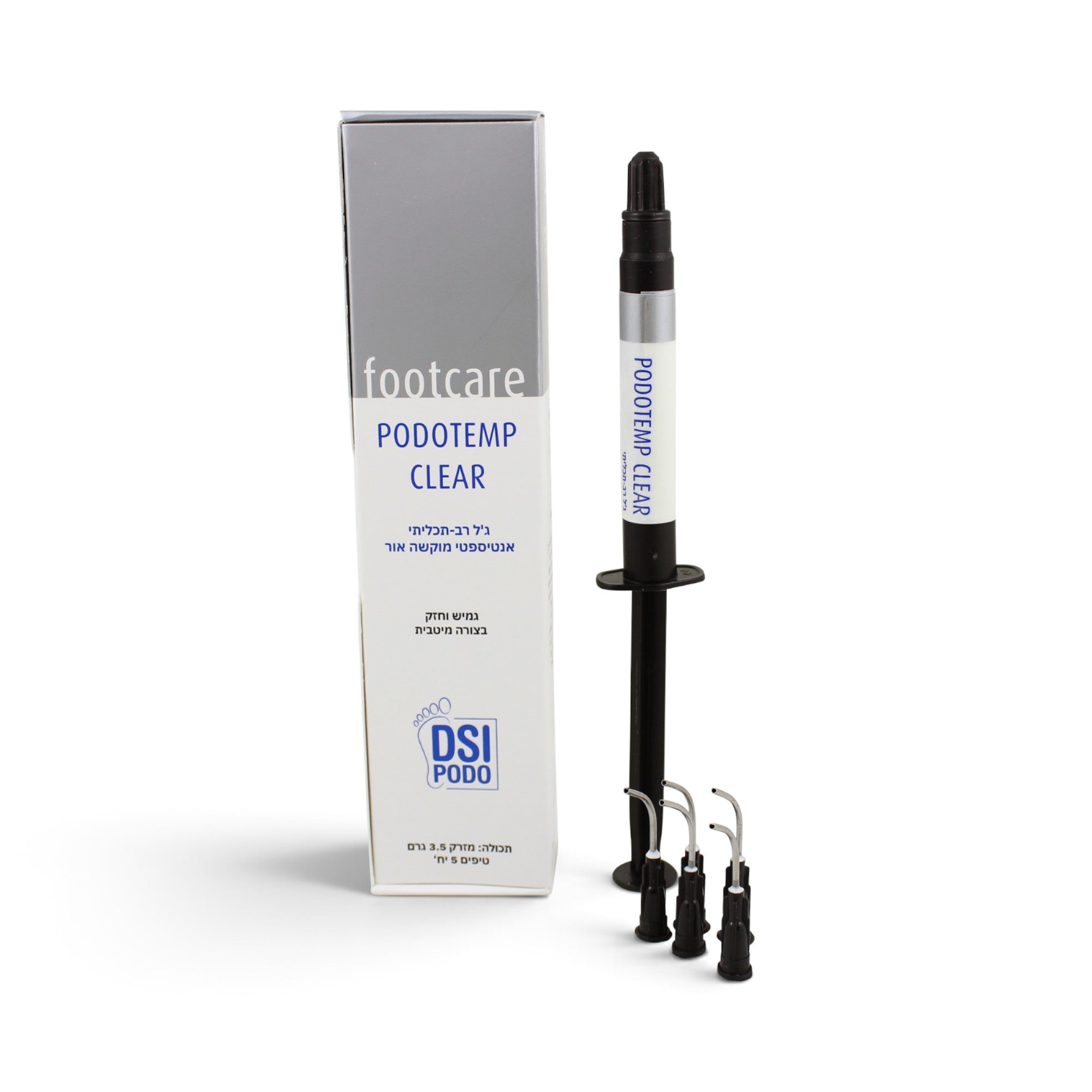 DSI Podo Podotemp Clear foot care product shown with its retail box, a single black and white applicator syringe, and three small metal needle tips on a clean white background.