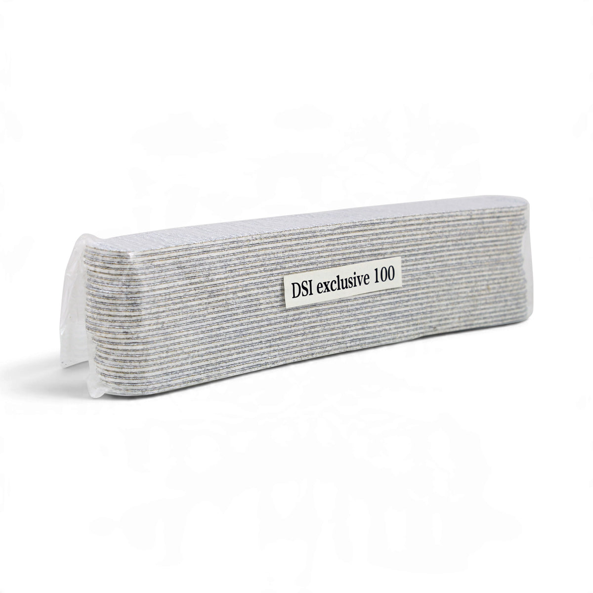 A rolled-up stack of gray and white striped filter cartridges, wrapped in clear plastic with a white label reading 'DSI exclusive 100'. DSI Exclusive Disposable Nail File Stickers 25pcs