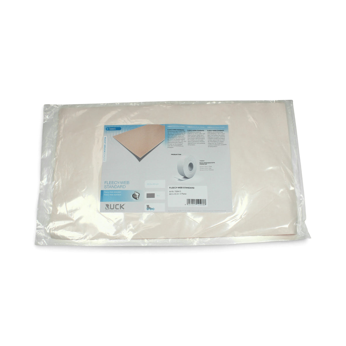A packaged roll of RUCK basic Fleecy-Web Standard Adhesive Foot Padding 1mm, sealed in a clear plastic bag with a white and blue product label, shown against a plain white background.