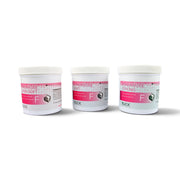 Three white plastic jars of RUCK Orthosis Silicone Set 6 x 100g, shown in Soft, Medium, and Strong variants with pink and white labels on a white background.