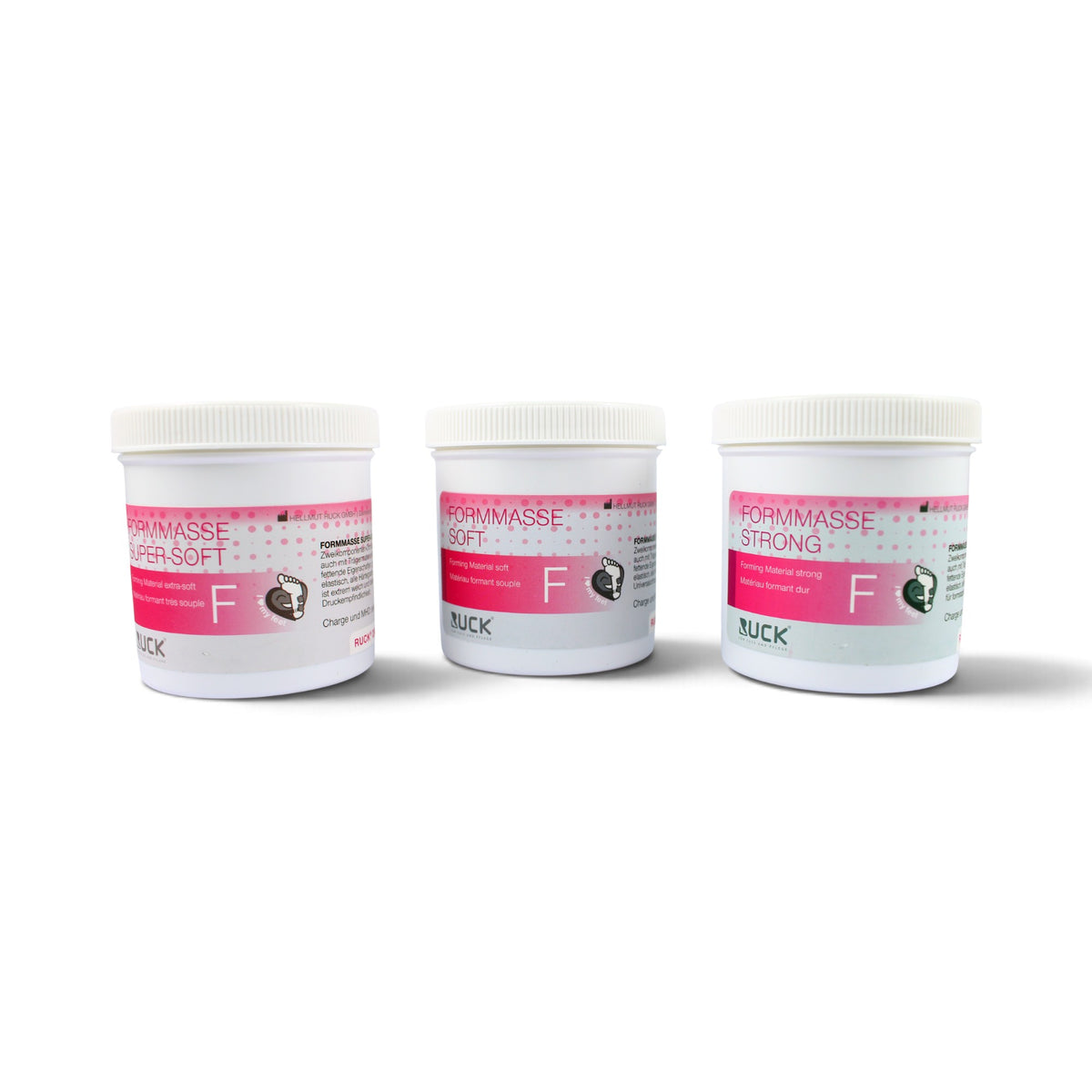 Three white plastic jars of RUCK Orthosis Silicone Set 6 x 100g, shown in Soft, Medium, and Strong variants with pink and white labels on a white background.