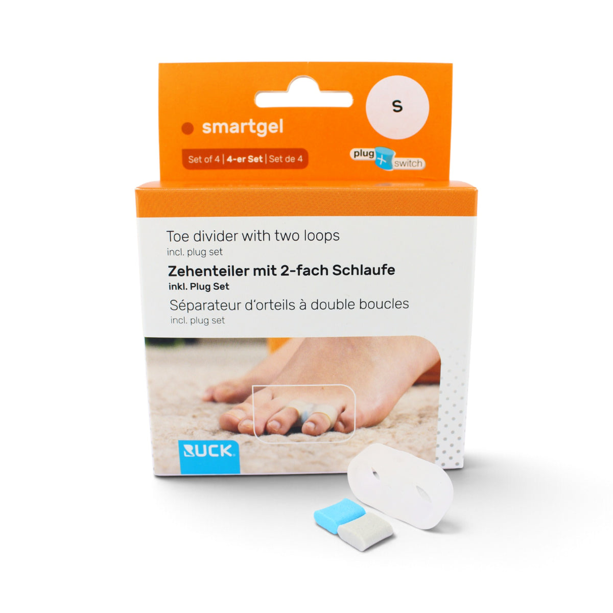 A box of RUCK smartGel plug+switch Toe Divider Size S with two loops, shown with two individual white plastic loops and a blue-and-white adhesive tab in front on a white background.