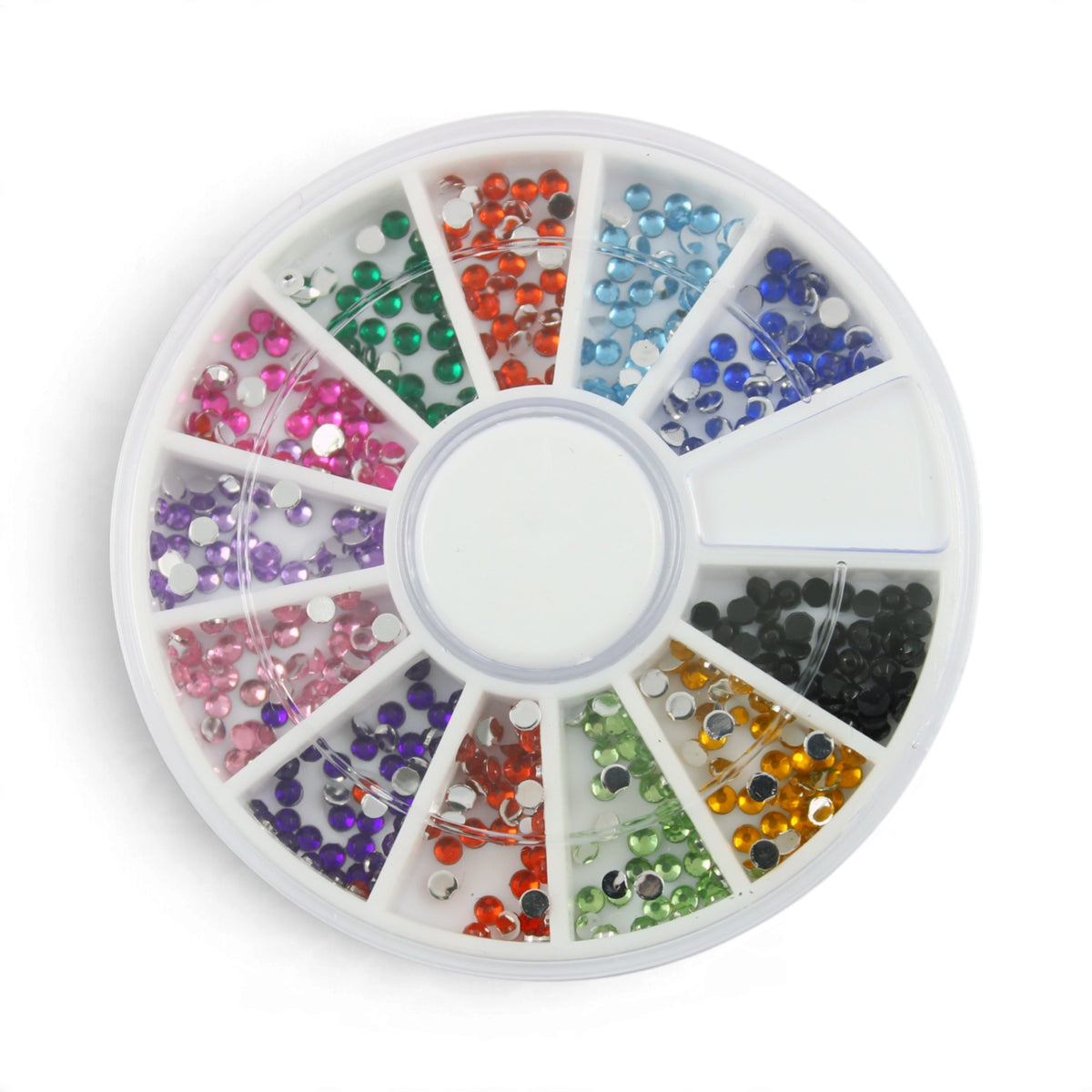 A circular plastic compartment wheel filled with small faceted rhinestones in multiple colors, including pink, blue, green, orange, purple, black, and gold, on a white background. RUCK Rhinestone Nail Art Wheel 500 pcs