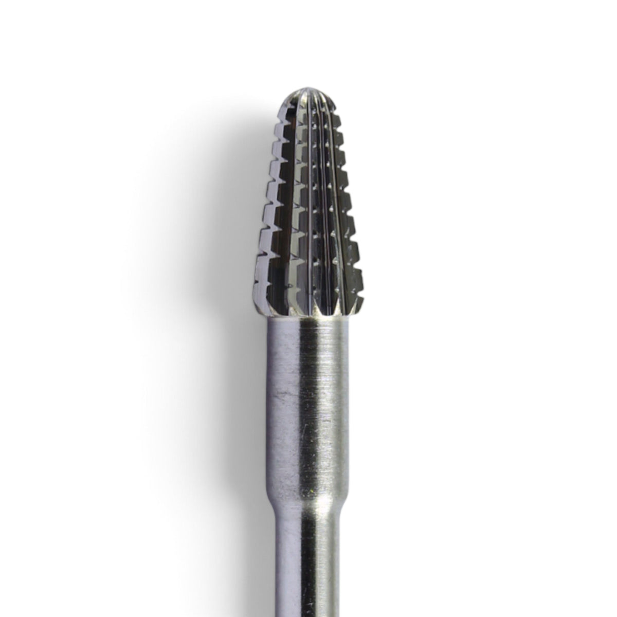 A close-up studio shot of a BUSCH Tungsten Carbide Nail Bur GQSR 4mm bit with a multi-tooth cutting head and a straight shank, shown against a plain white background.