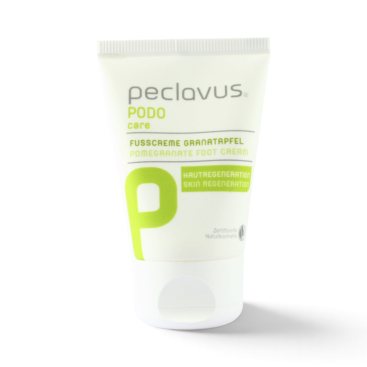 A white squeeze tube of peclavus PODOcare Pomegranate Foot Cream foot cream with green and gray text and a large green 'P' logo, shown on a white background with a soft shadow.