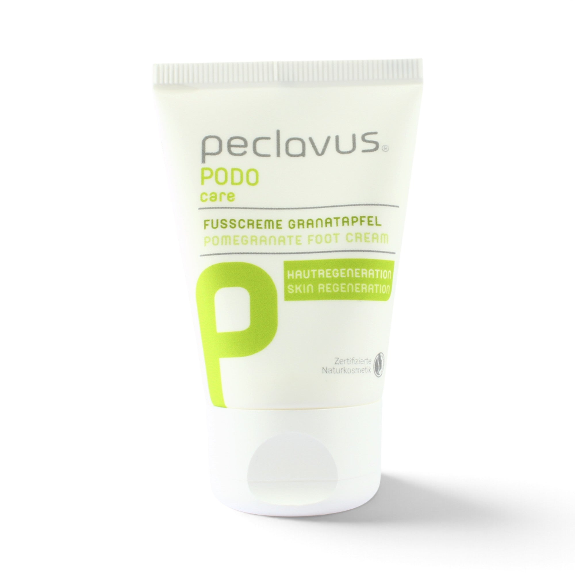 A white squeeze tube of peclavus PODOcare Pomegranate Foot Cream foot cream with green and gray text and a large green 'P' logo, shown on a white background with a soft shadow.