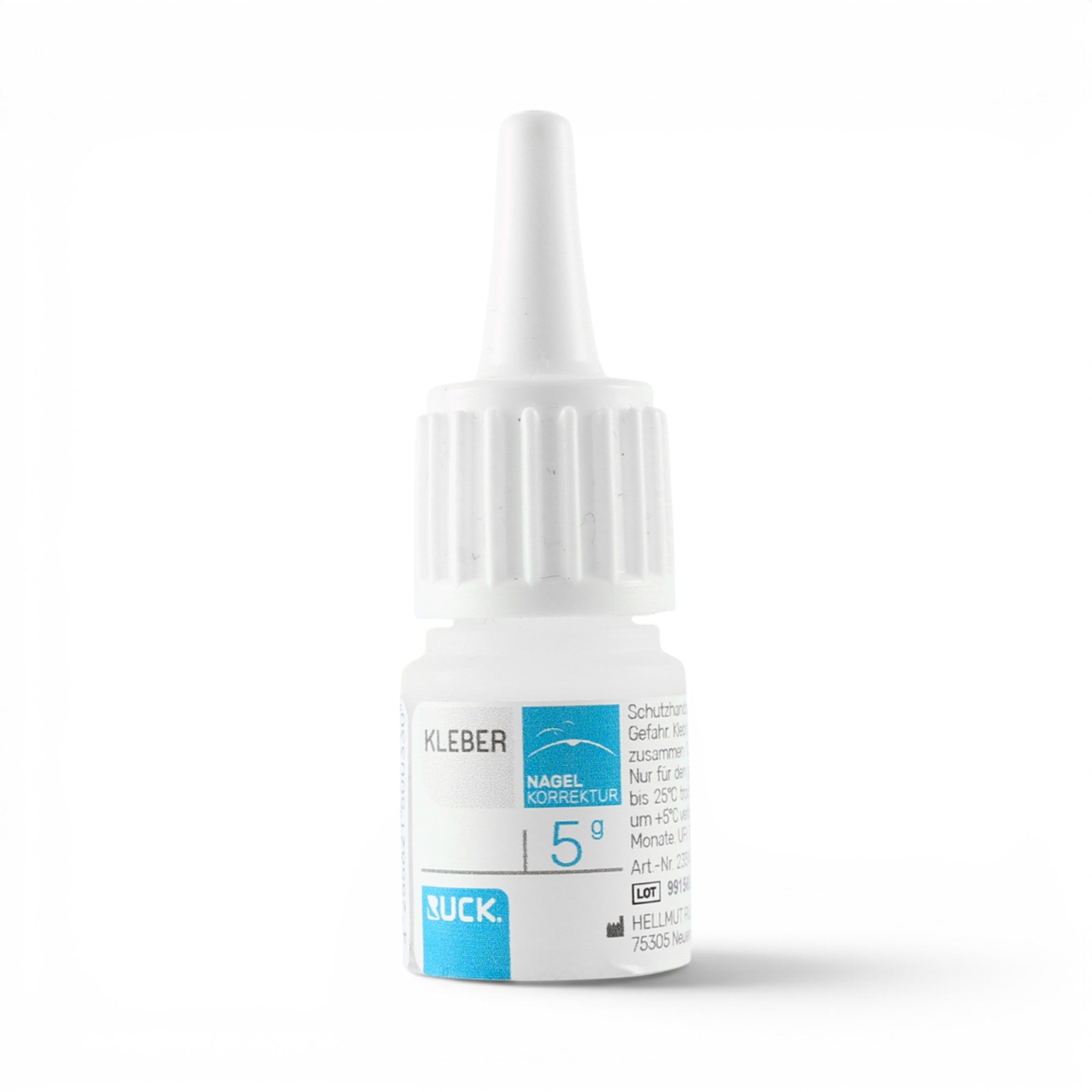 A small white plastic dropper bottle of RUCK Nail Correction Adhesive 5g, featuring a white ribbed cap and a label with blue and black text, set against a plain white background.