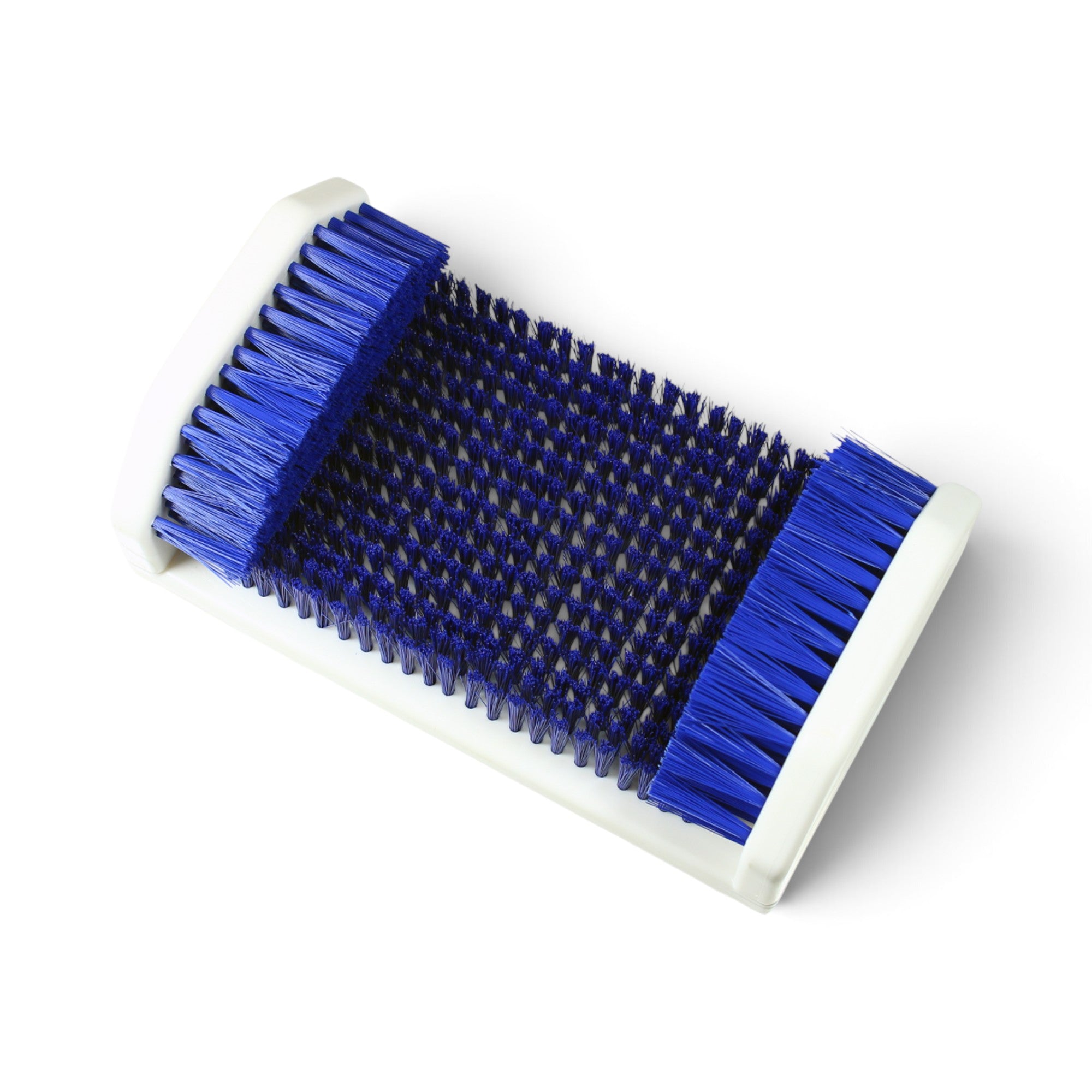 A rectangular RUCK Foot Butler Shower Foot Brush & Massager with a white plastic frame and dense blue bristles, photographed on a clean white background.