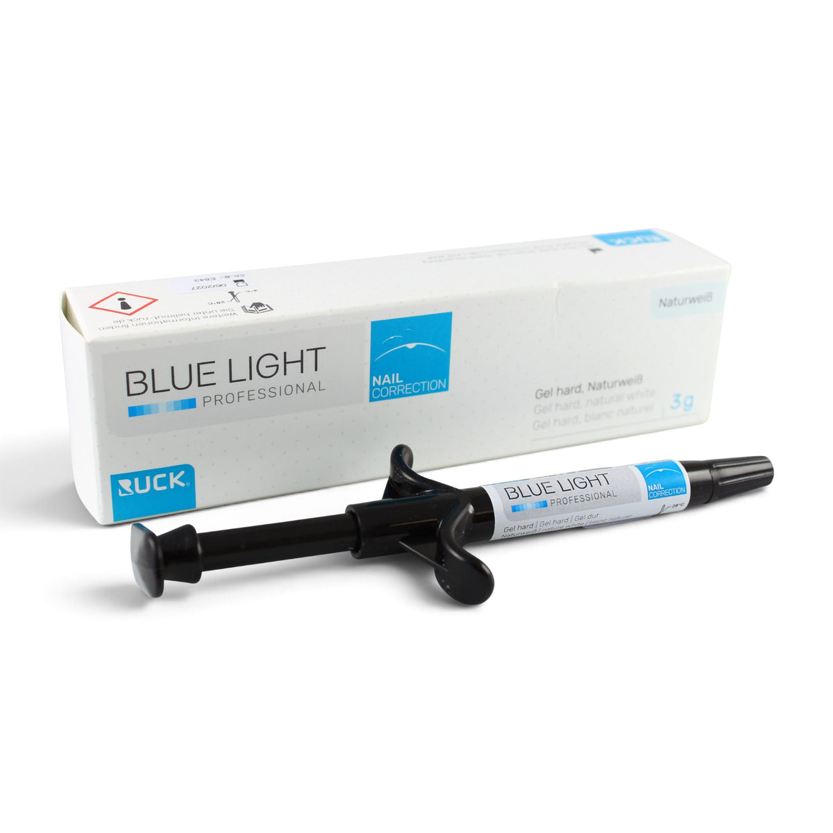 Blue Light Professional nail correction gel in a 3g syringe applicator with its white and blue retail box, shown on a clean white background. RUCK BLUE LIGHT Professional Hard Gel