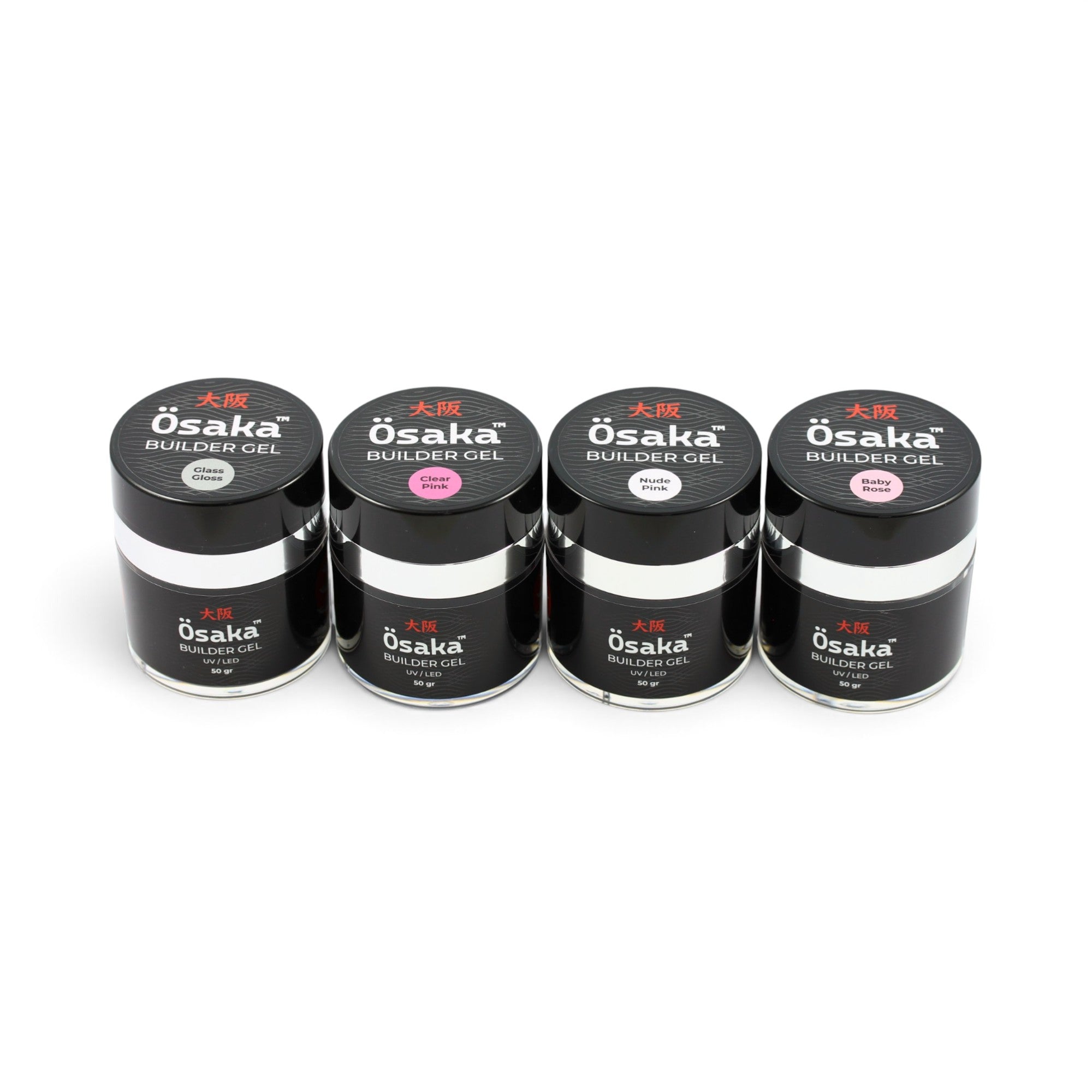 Four small black jars of Osaka Builder Gel for Nails, 50g arranged in a row on a white background. The lids show different color labels: gray, pink, dark pink, and black.