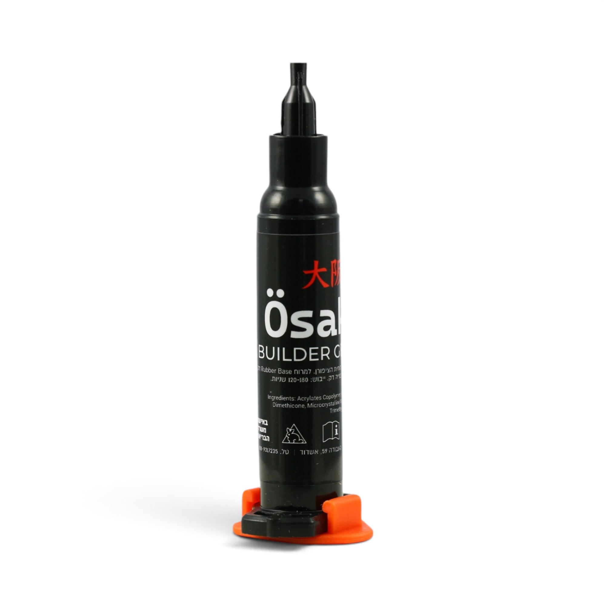A black cylindrical builder's gun with a black nozzle and an orange base Osaka Builder Gel Injector for Nails, 5ml, featuring white and red text on the label, set against a plain white background.