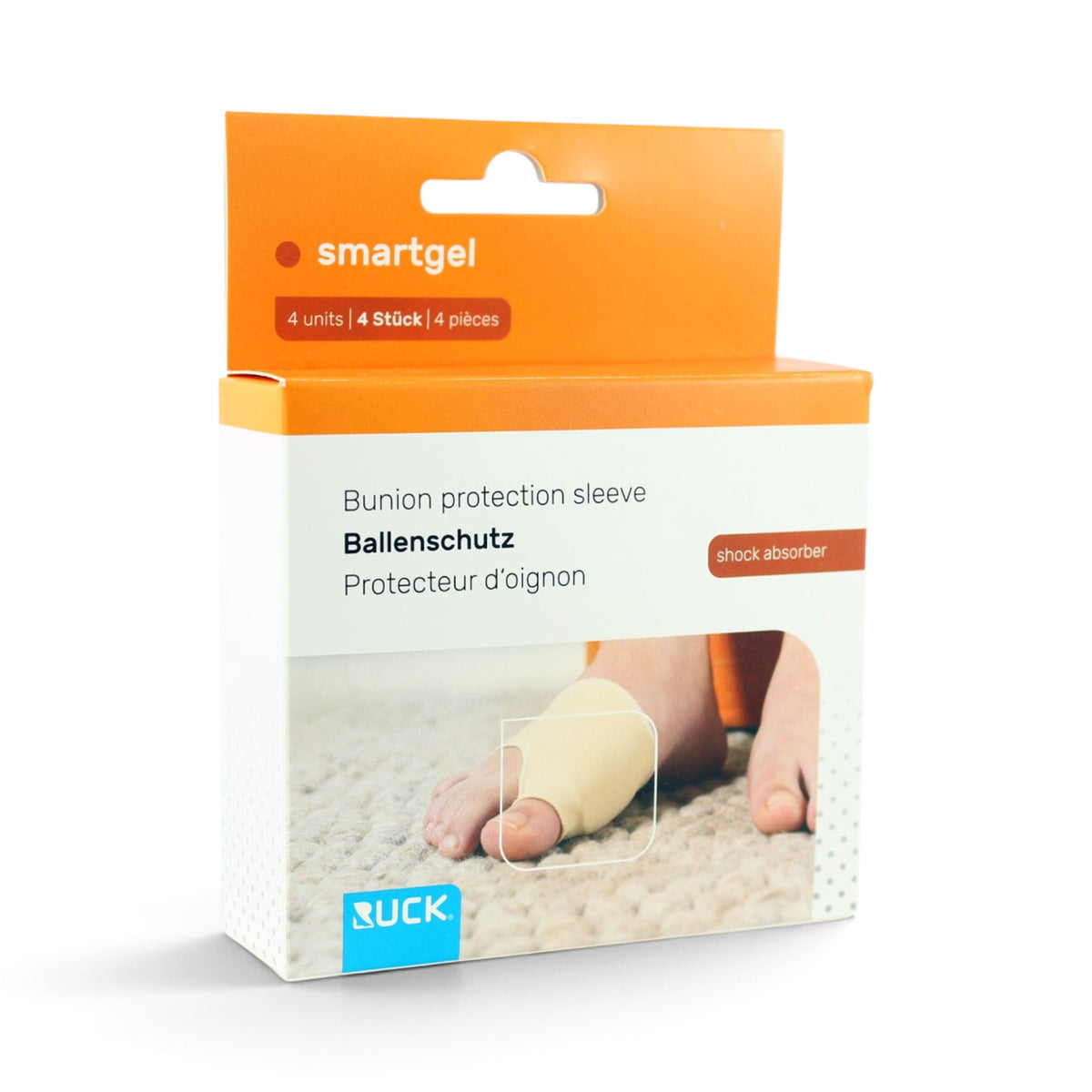 Smartgel Bunion protection sleeve packaging by RUCK, containing 4 units, with an orange and white box showing a demonstration photo of the sleeve on a foot. RUCK smartGel Bunion Protection Size 41–46, 4pcs