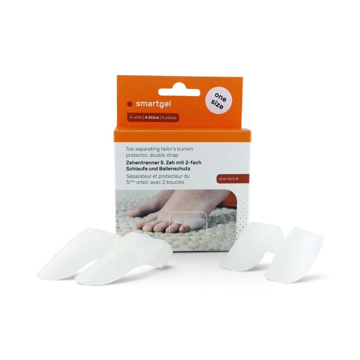 Four translucent white toe separators arranged in front of their retail packaging box on a clean white background. The box is orange and white with a photo of a foot demonstrating use. RUCK smartGel 5th Toe Separator with Bunion Protection 4pcs