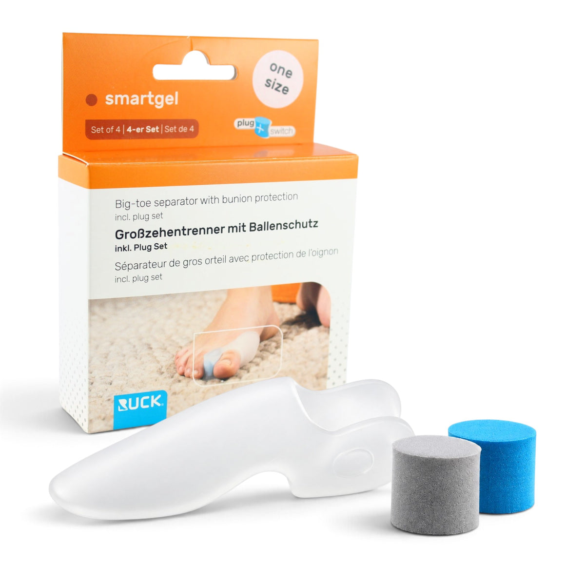 RUCK smartgel Big-toe separator set with a clear plastic toe separator, gray and blue protective plugs, and the retail box on a white background. RUCK smartGel plug+switch Toe Separator with Bunion Protection 4pcs