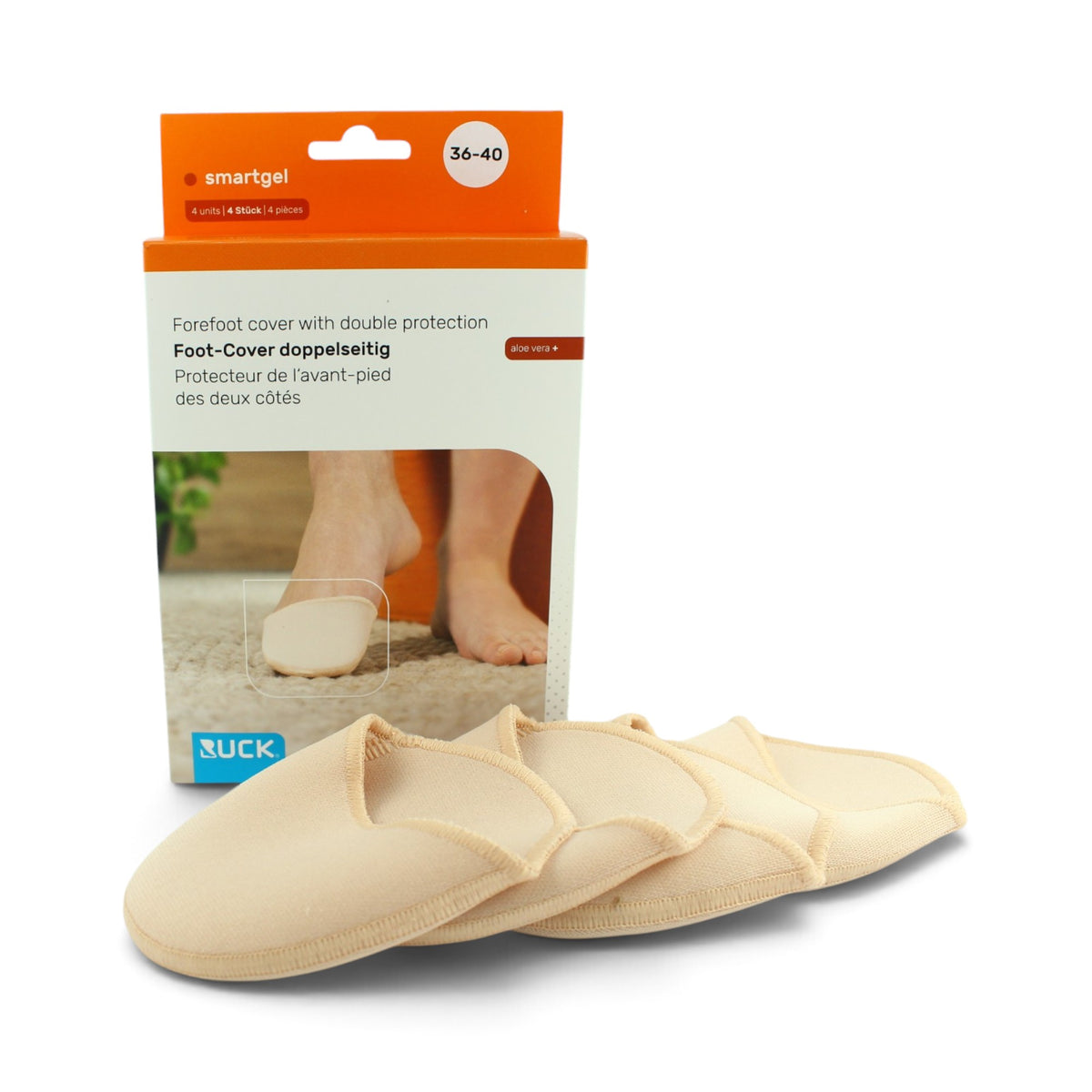 A pair of beige smartgel double protection forefoot covers displayed in front of their orange and white retail packaging box on a clean white background. RUCK smartGel Double-Sided Foot Cover Size 36–40, 4pcs