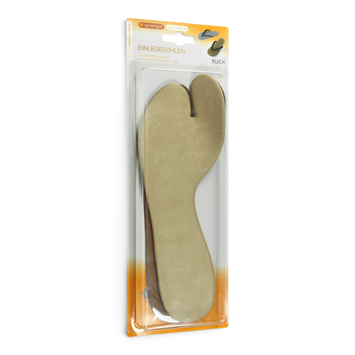 A tan split-toe insole packaged in a clear blister pack with an orange and white header card, shown against a plain white background. RUCK smartGel Insoles for Open Shoes 1 pair