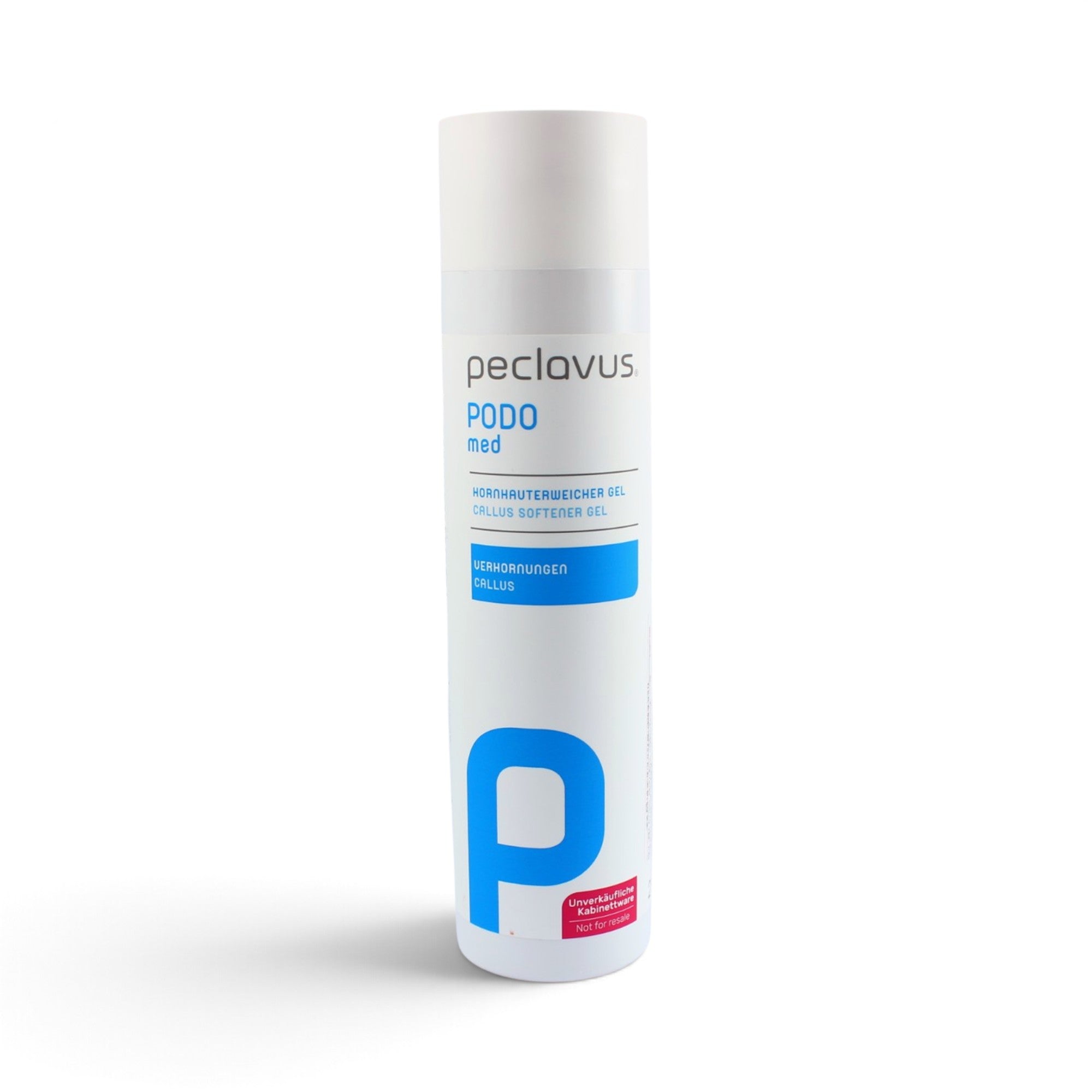 A white cylindrical bottle of peclavus PODOmed Callus Softener Gel collagen softer gel with blue and red accents, set against a plain white background.