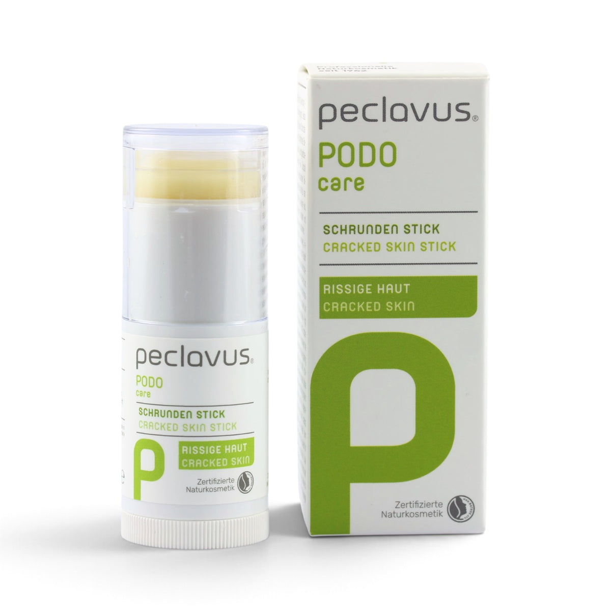 peclavus PODOcare Cracked Skin Stick shown next to its retail box on a clean white background.