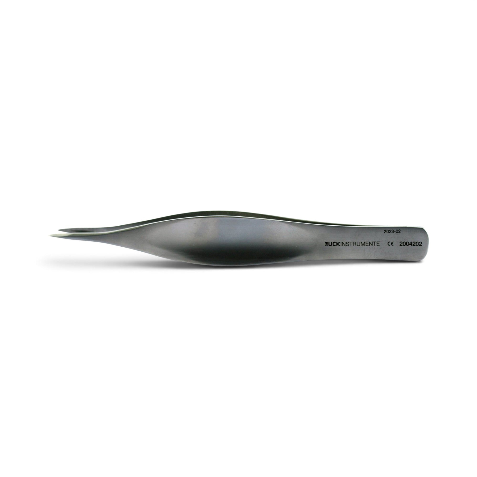 A pair of stainless steel precision tweezers with a curved ergonomic design, shown from the side on a clean white background. The brand name 'RUCK INSTRUMENTE' is printed on the handle.