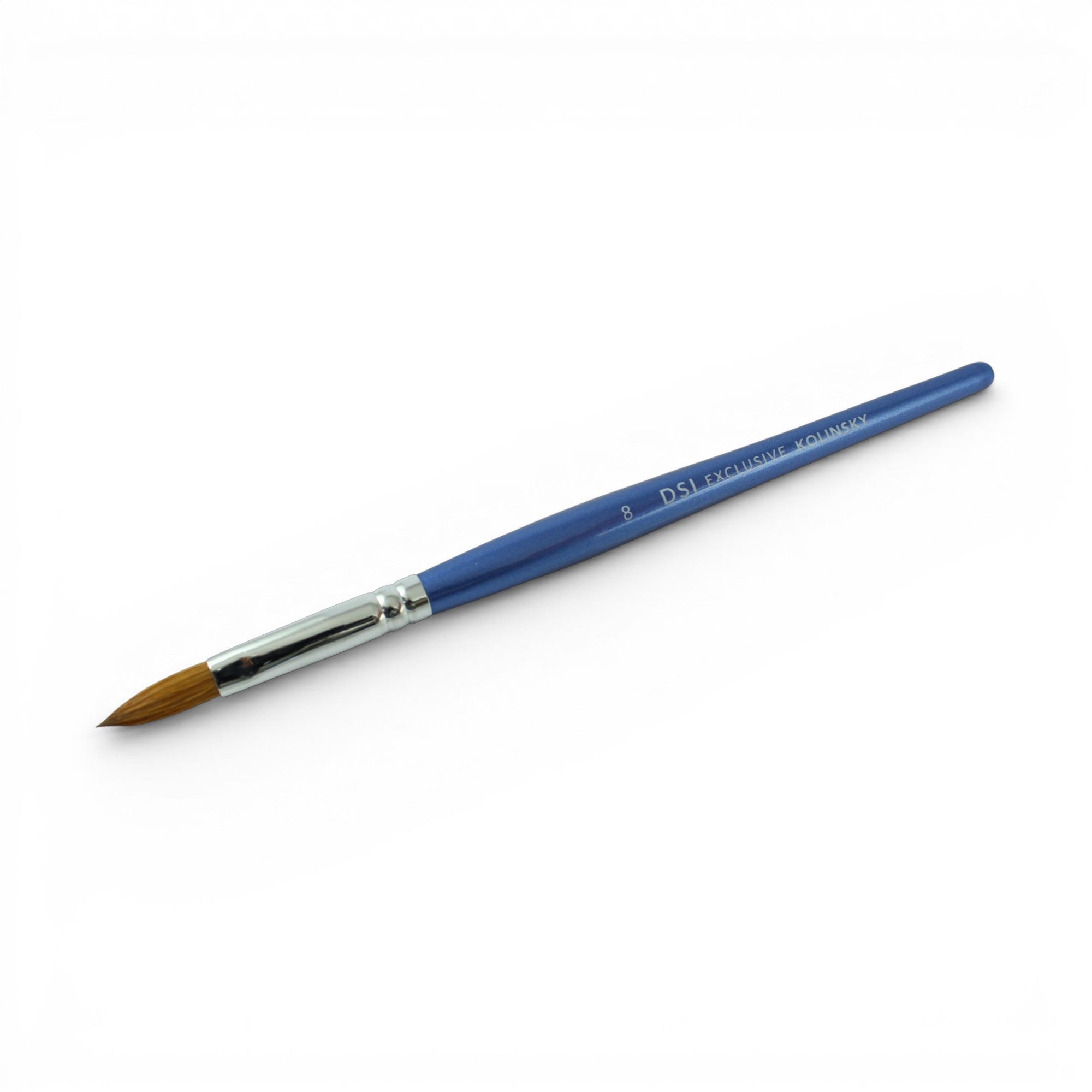 Blue paintbrush DSI Kolinsky Nail Brush #8 with brown bristle head on a white background