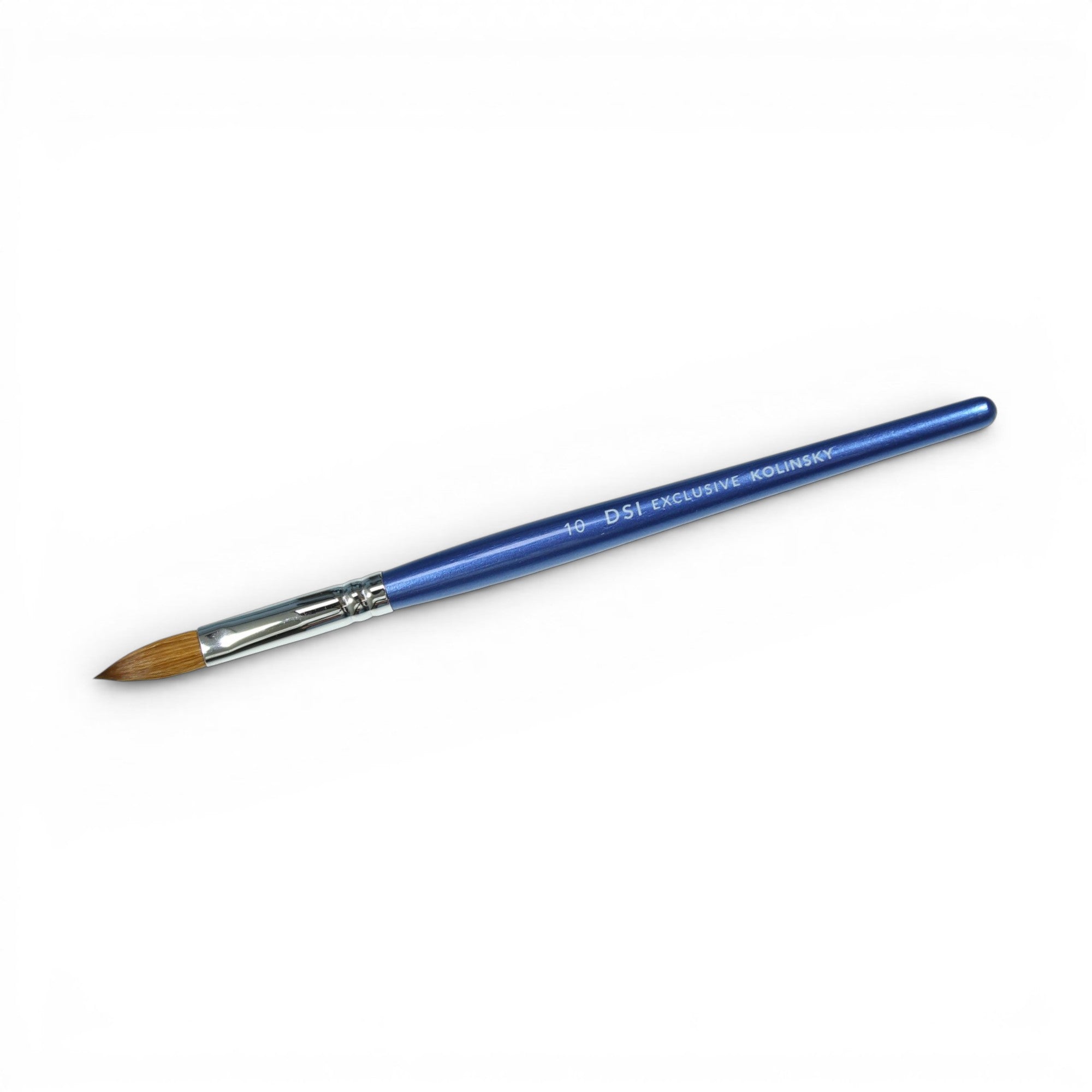 Blue paintbrush DSI Kolinsky Nail Brush #10 with silver ferrule on a white background