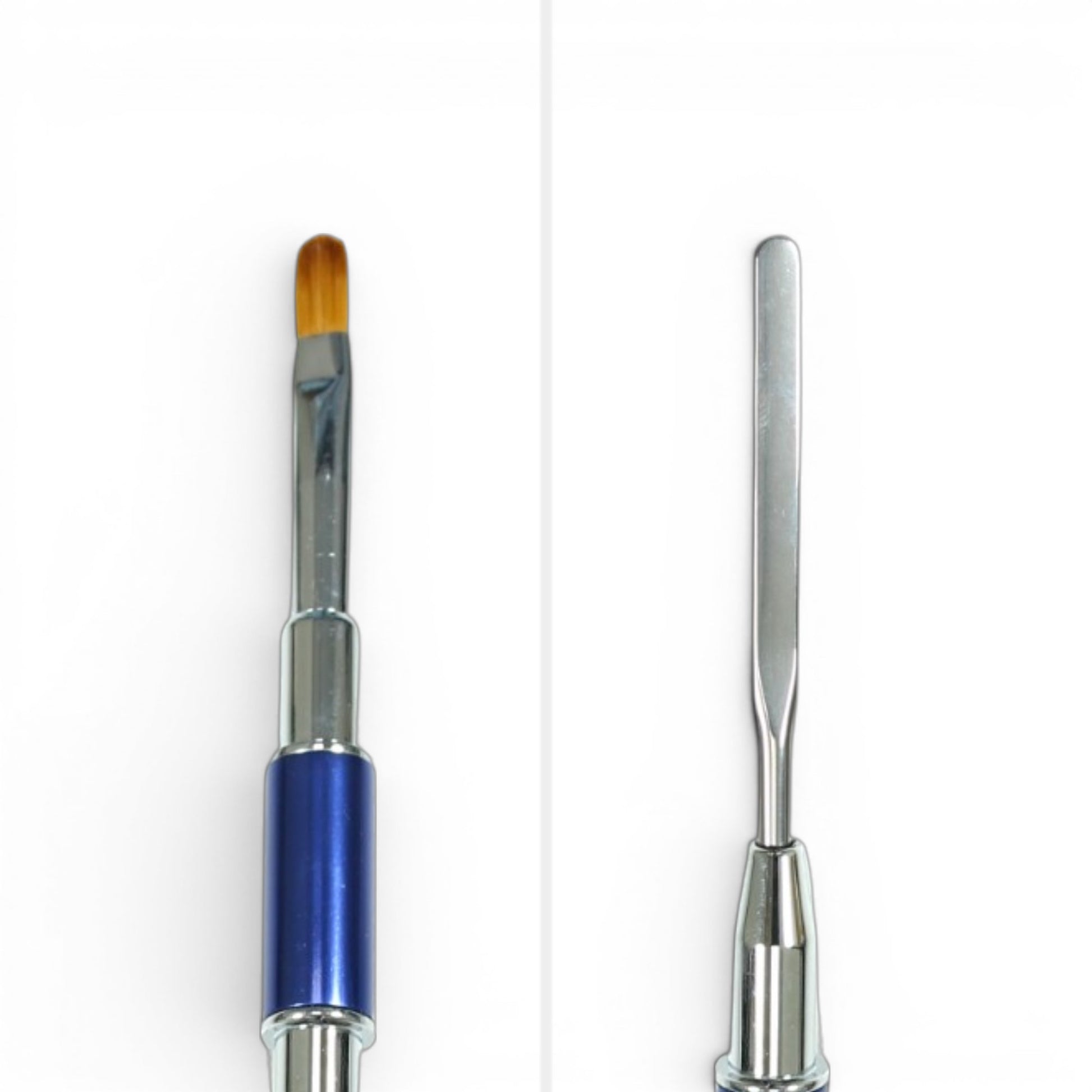 Two paintbrushes with blue and silver handles on a white background