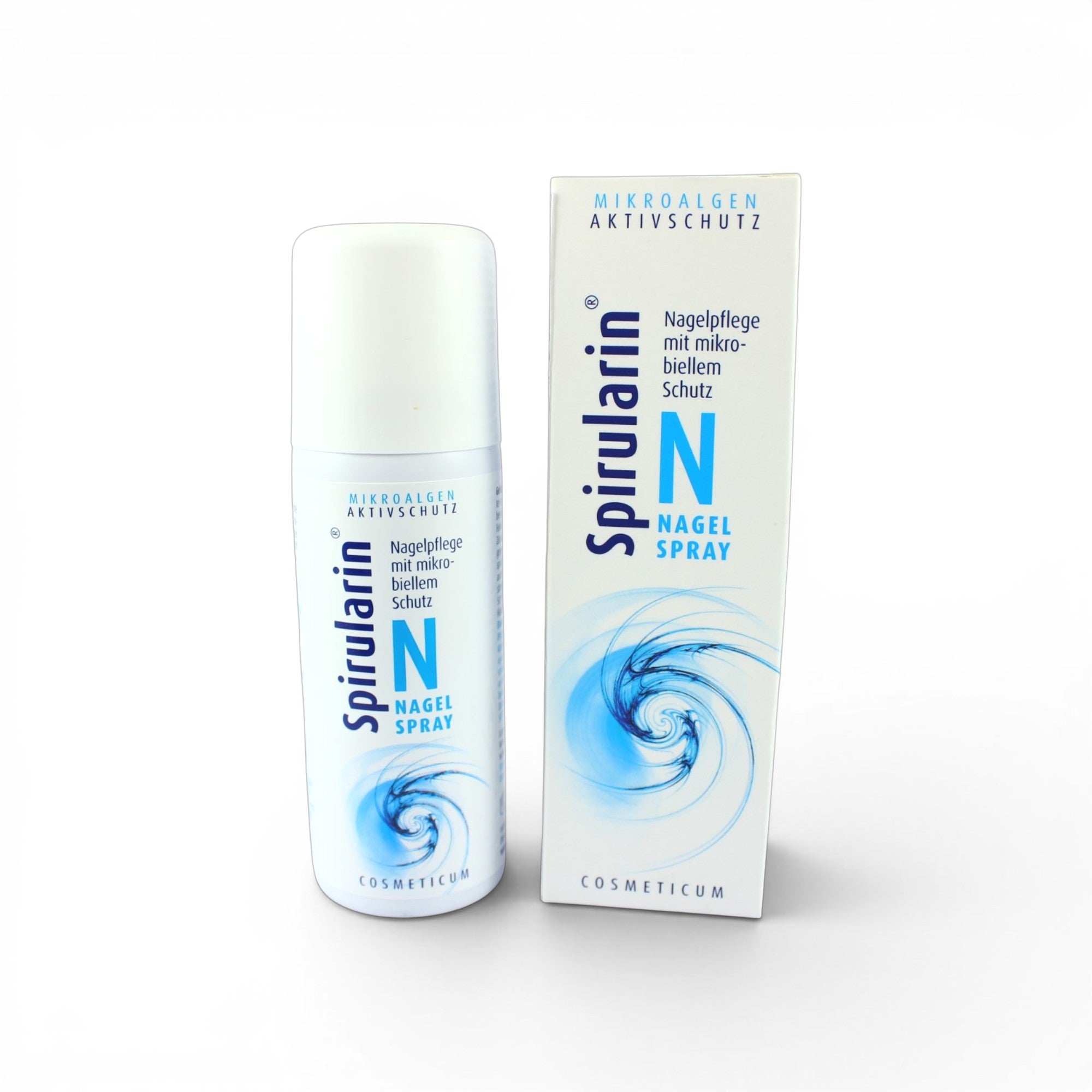 Spirularin nail spray bottle and packaging on a white background