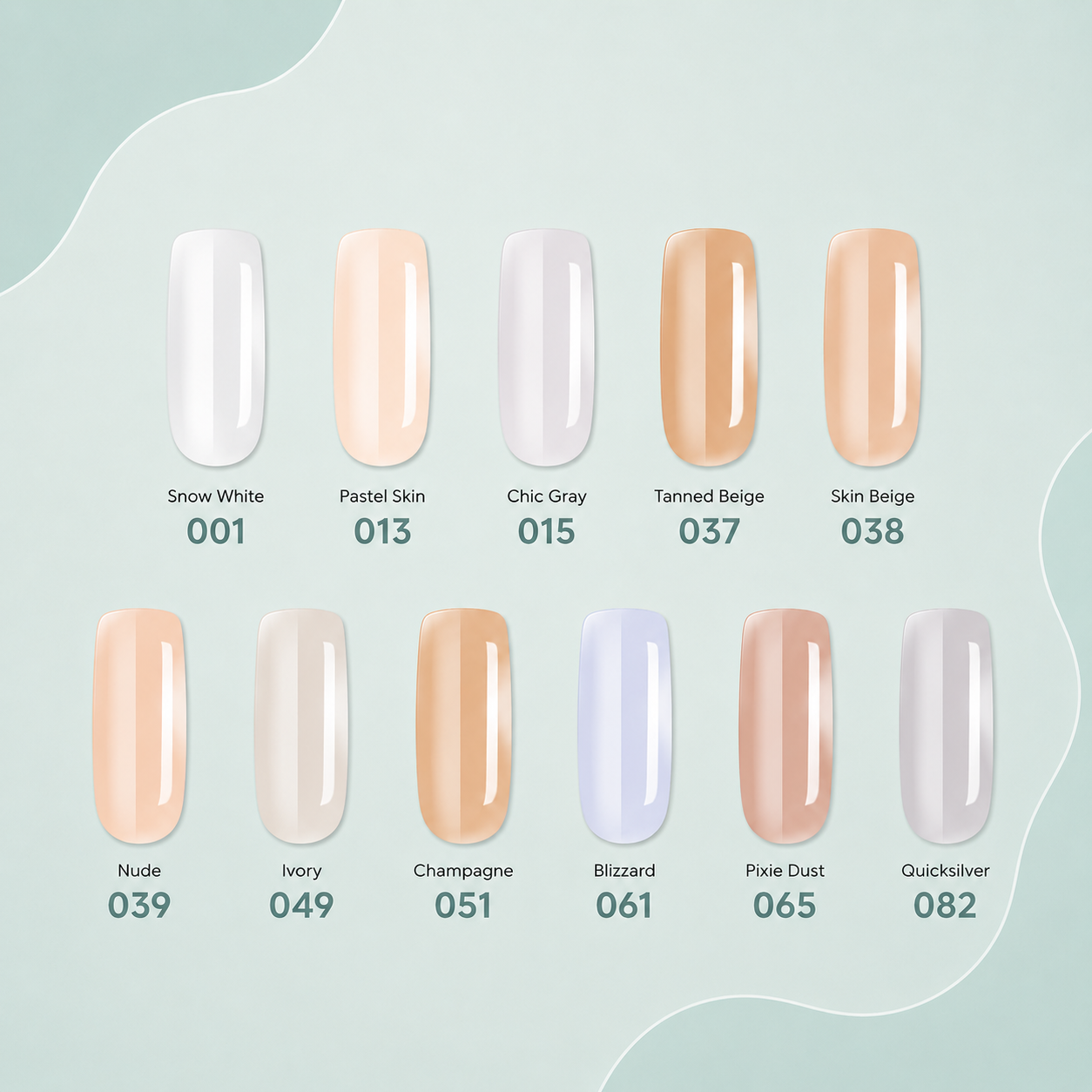 Nail color swatches with names and numbers on a light green background