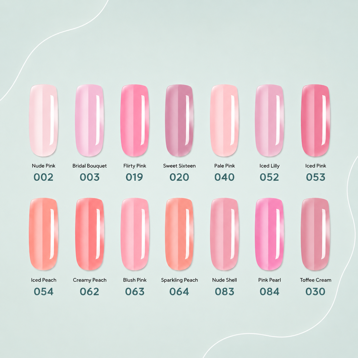 Nail polish color swatches with names and numbers on a light gray background