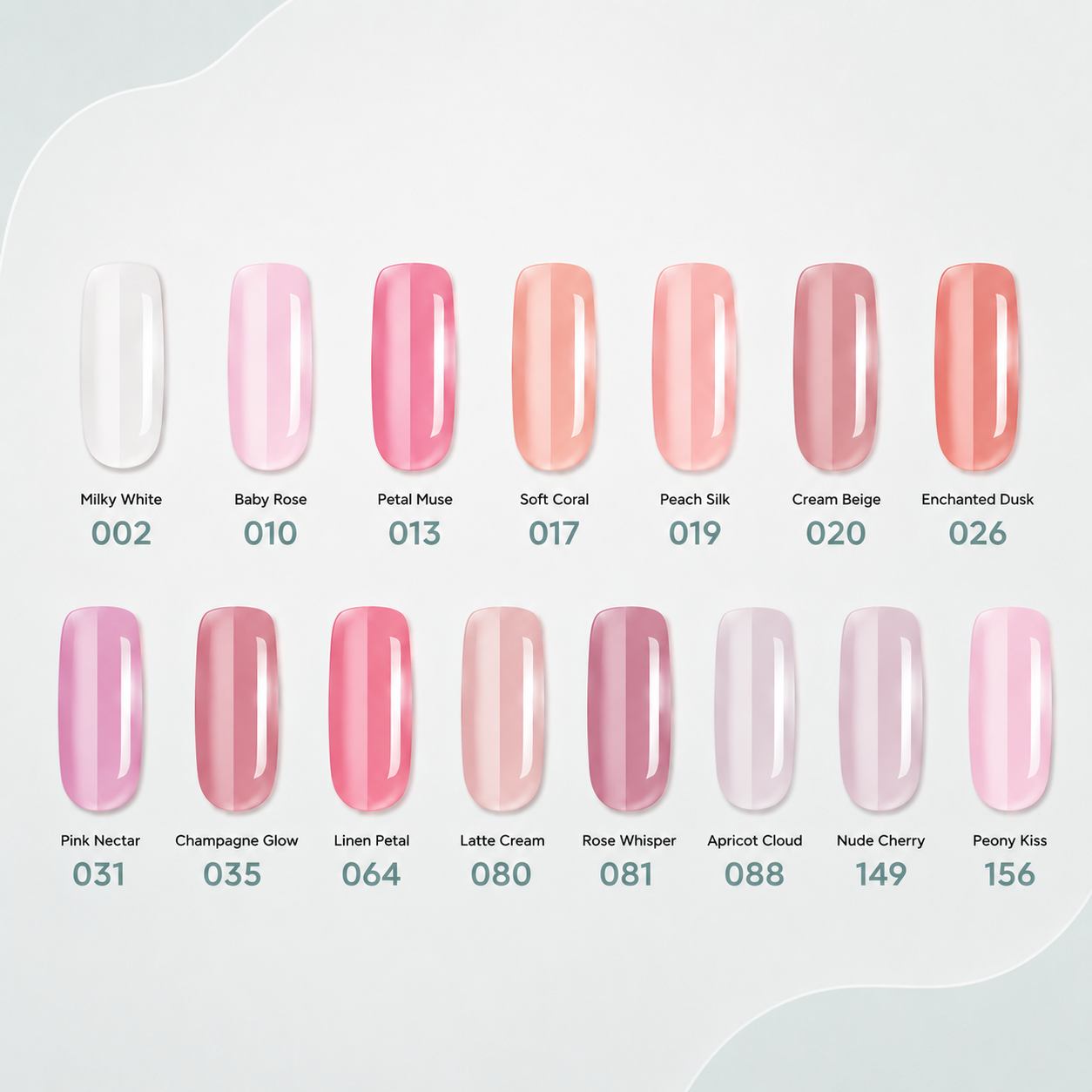 Osaka Color Base Gel for Nails, 20ml Nail polish color swatch chart with various pink shades on a green background