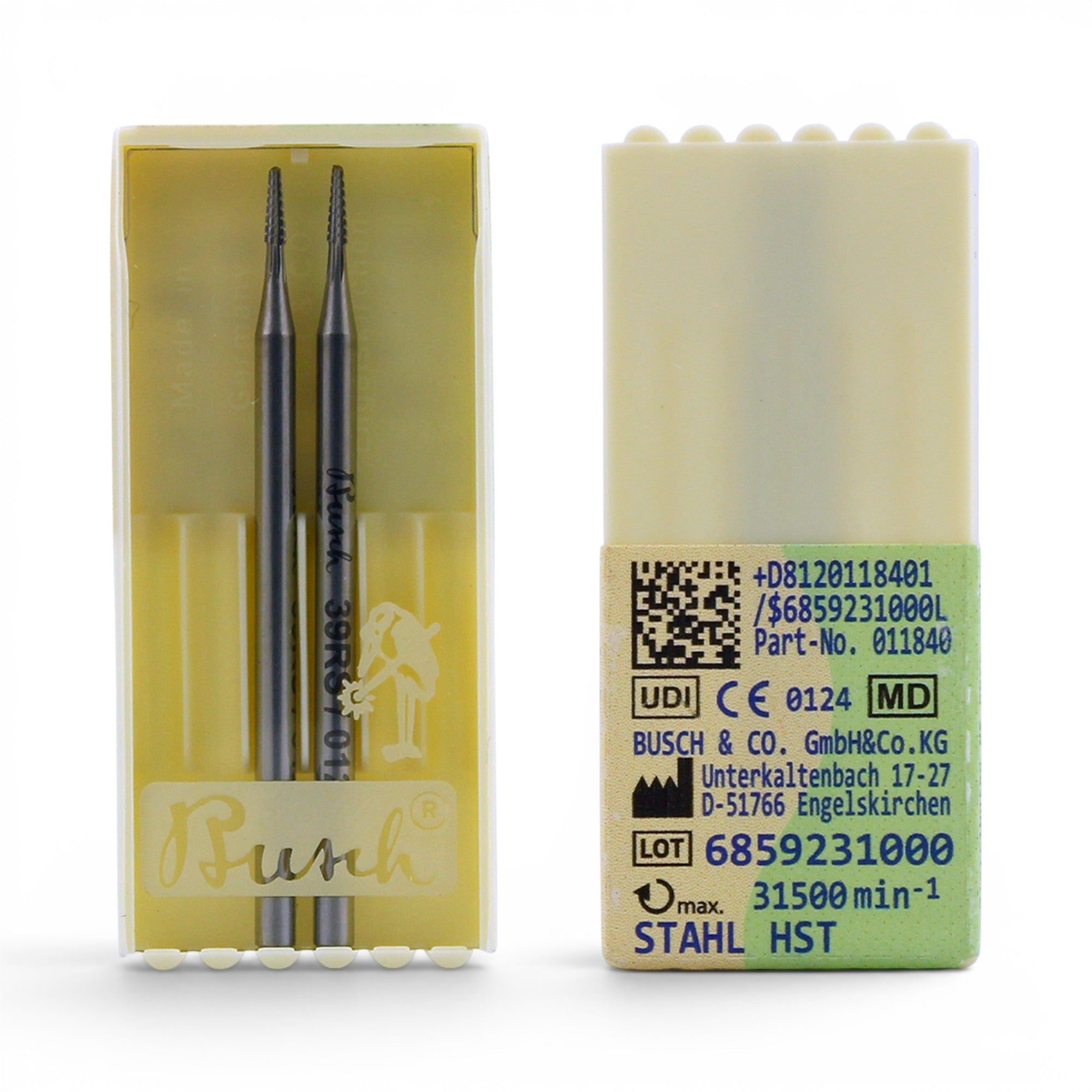 Two nail burs in a yellow box with technical details on a white background
