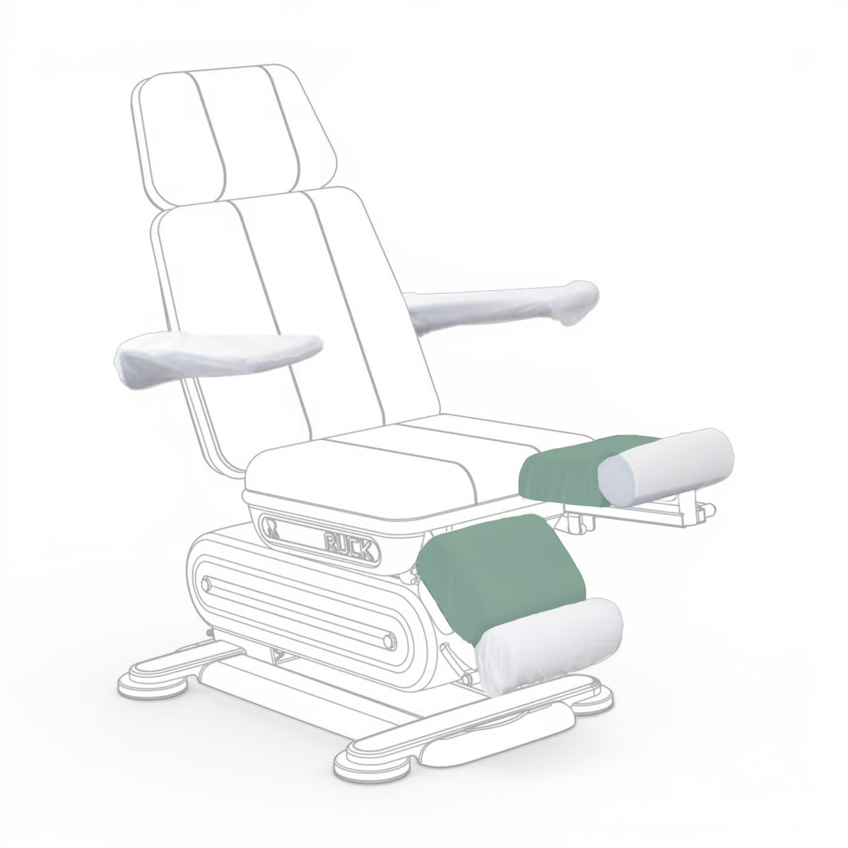 White medical examination chair with green cushions on a white background RUCK® Protective Disposable Cover for Calf Pads