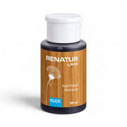 A bottle of RENATUR by RUCK Nail Polish Remover, featuring a white cap, a dark gray bottle body, and a wood-grain patterned label with a blue Ruck logo at the bottom.