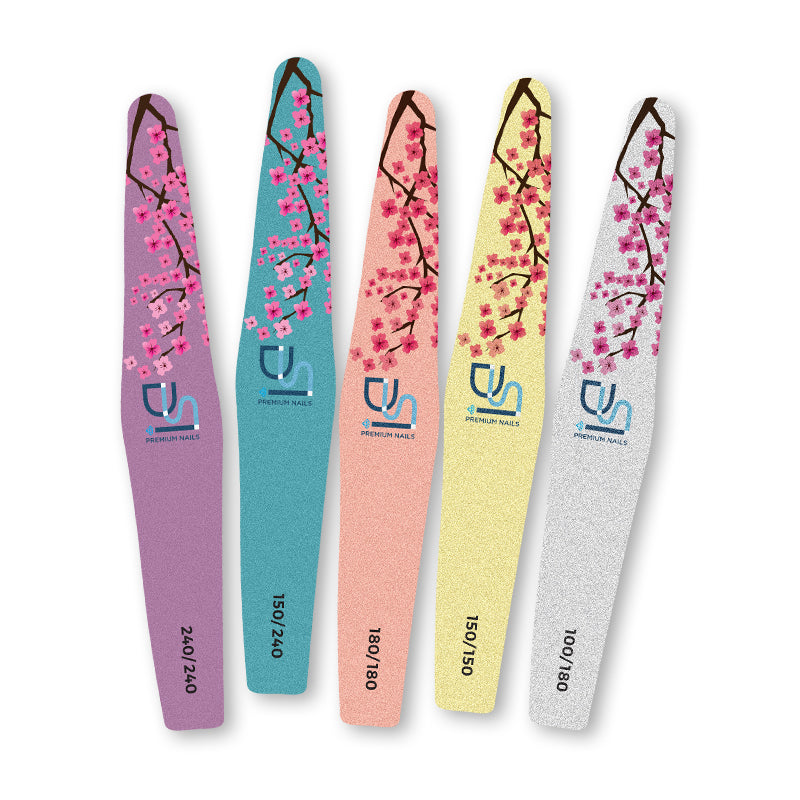 Set of five nail files with cherry blossom design and brand logo on a white background