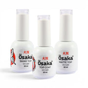 Three bottles of Osaka Top Coat Gel for Nails on a white background